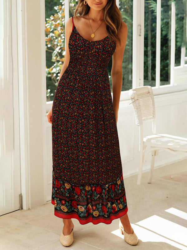 Summer new big swing skirt Bohemian V-neck suspender floral dress - Stormyjay