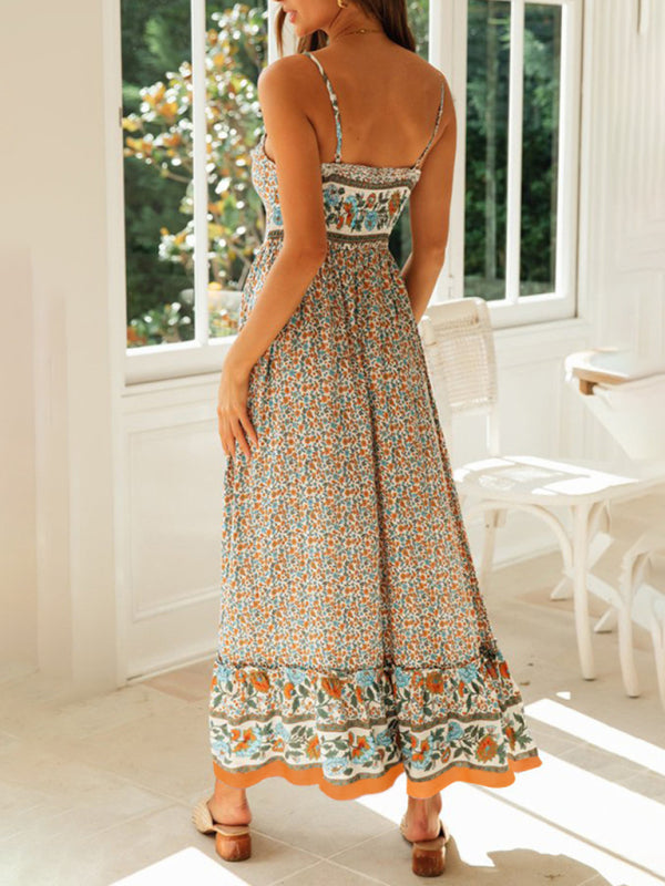 Summer new big swing skirt Bohemian V-neck suspender floral dress - Stormyjay