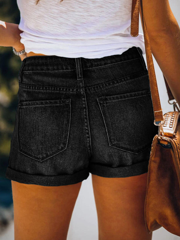 Women's Stretch Mid Rise Denim Shorts with Holes - Stormyjay