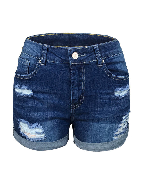 Women's Stretch Mid Rise Denim Shorts with Holes - Stormyjay