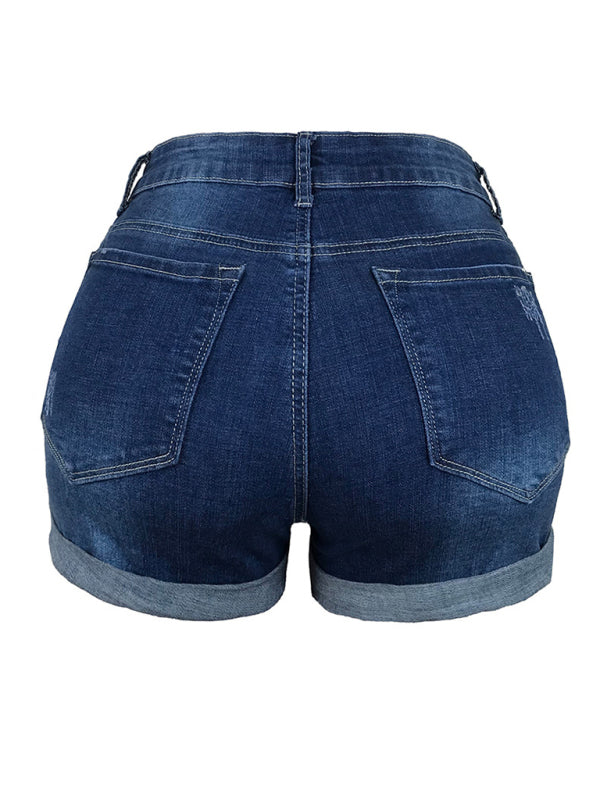 Women's Stretch Mid Rise Denim Shorts with Holes - Stormyjay