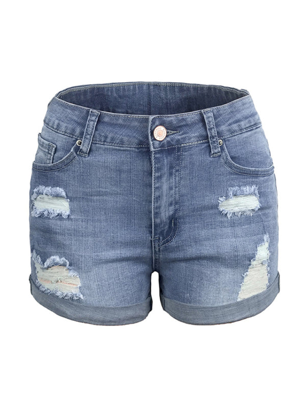 Women's Stretch Mid Rise Denim Shorts with Holes - Stormyjay