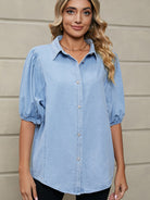 New Elastic Princess Sleeve Denim Shirt Casual Top - Stormyjay