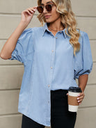 New Elastic Princess Sleeve Denim Shirt Casual Top - Stormyjay