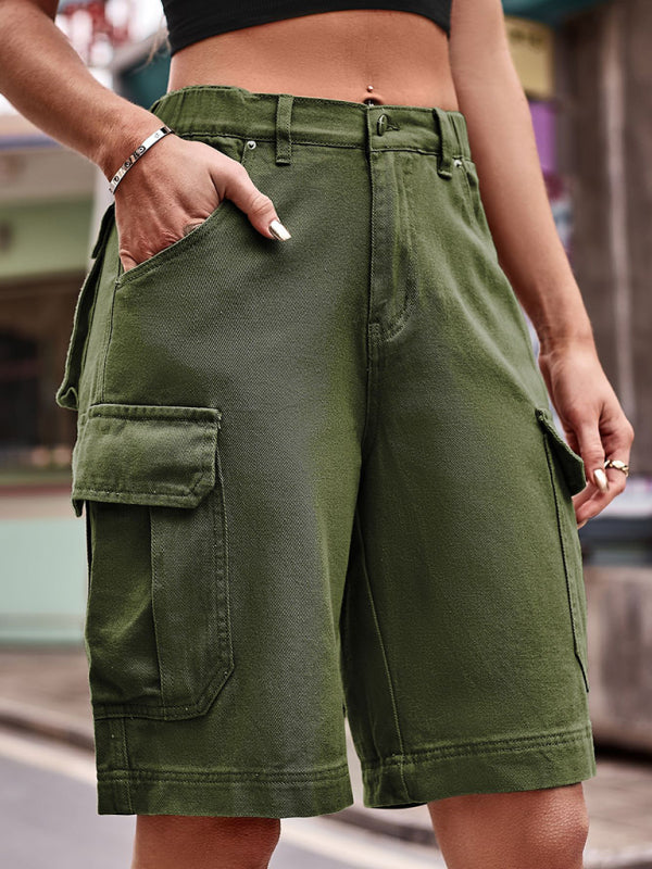 New Elastic Waist Denim Cargo Cropped Shorts - Stormyjay