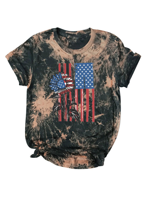 Women's Flag Tie Dye Print Short Sleeve T-Shirt - Stormyjay