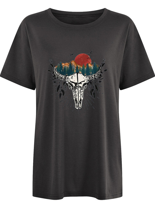 Women's Western Bullhead Print Short Sleeve T-Shirt - Stormyjay