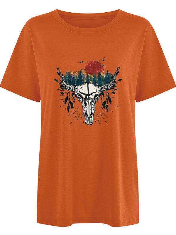 Women's Western Bullhead Print Short Sleeve T-Shirt - Stormyjay