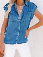 Sleeveless Denim Shirt Straight Pocket Oversized Top - Stormyjay