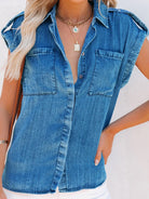 Sleeveless Denim Shirt Straight Pocket Oversized Top - Stormyjay