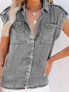 Sleeveless Denim Shirt Straight Pocket Oversized Top - Stormyjay