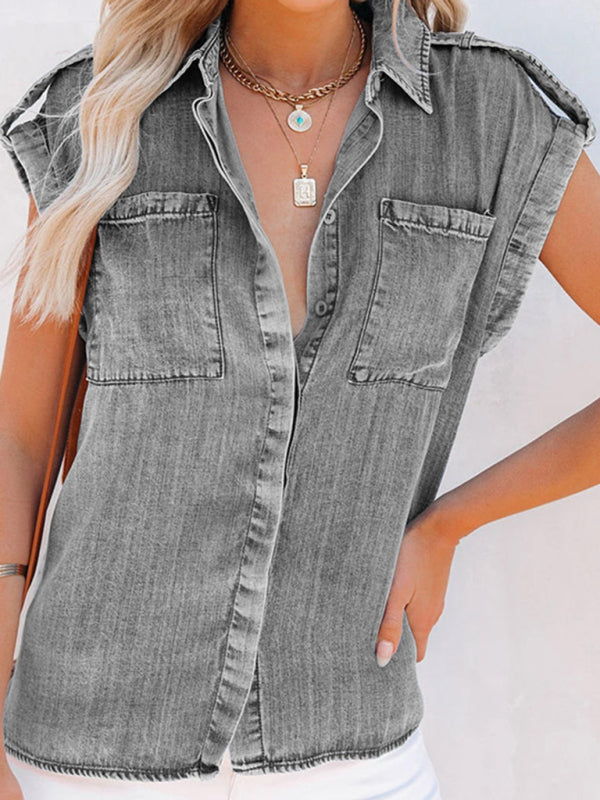 Sleeveless Denim Shirt Straight Pocket Oversized Top - Stormyjay