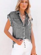 Sleeveless Denim Shirt Straight Pocket Oversized Top - Stormyjay