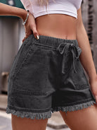 New style elastic waist drawstring casual high waist raw edge denim shorts for women - Stormyjay