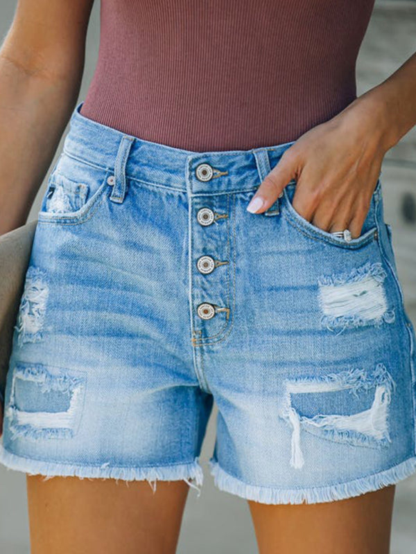 New style ripped patch tassel personality one-row button denim shorts hot pants - Stormyjay