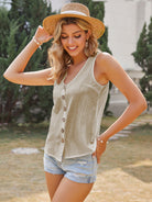 Women's Solid Color Cotton Linen Sleeveless V-Neck Top - Stormyjay