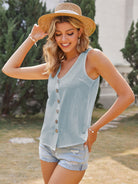 Women's Solid Color Cotton Linen Sleeveless V-Neck Top - Stormyjay