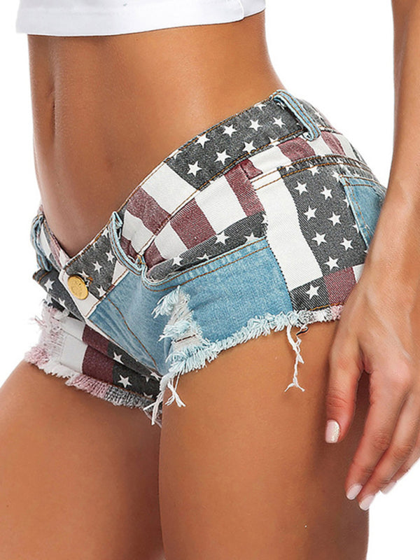 Women's Flag Print Sexy Low Rise Denim Shorts - Stormyjay