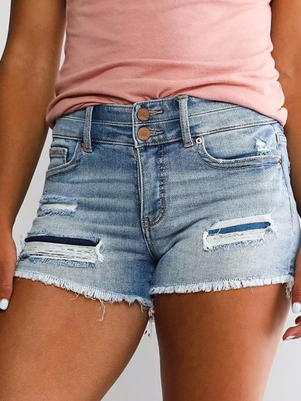 Women's High Waist Two Button Fashion Ripped Denim Shorts - Stormyjay