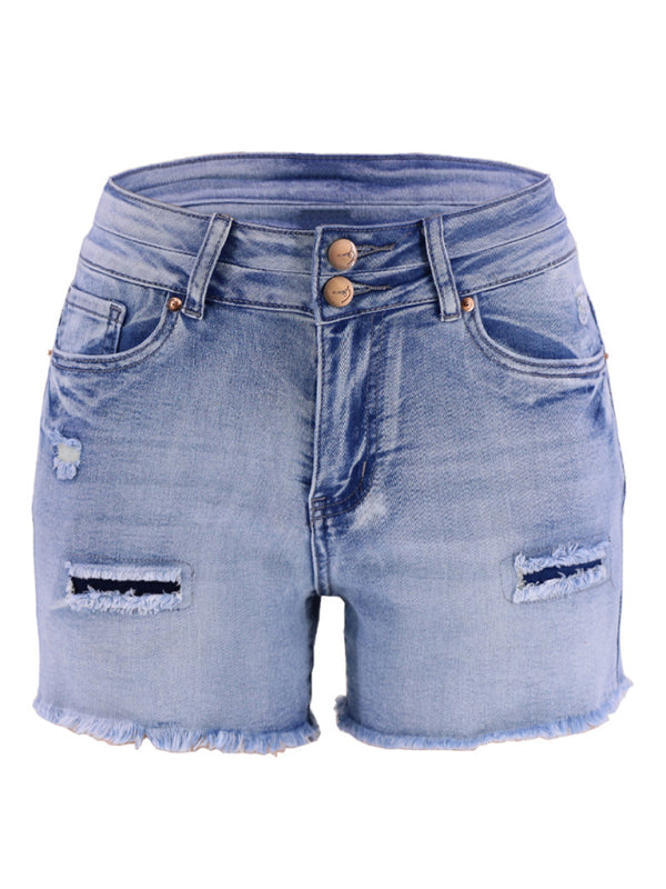 Women's High Waist Two Button Fashion Ripped Denim Shorts - Stormyjay