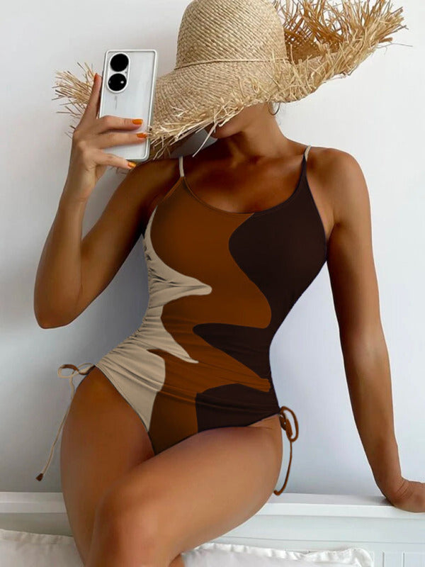 New One-Piece Swimsuit Multicolor Stitching Drawstring Corrugated Ladies Swimsuit - Stormyjay