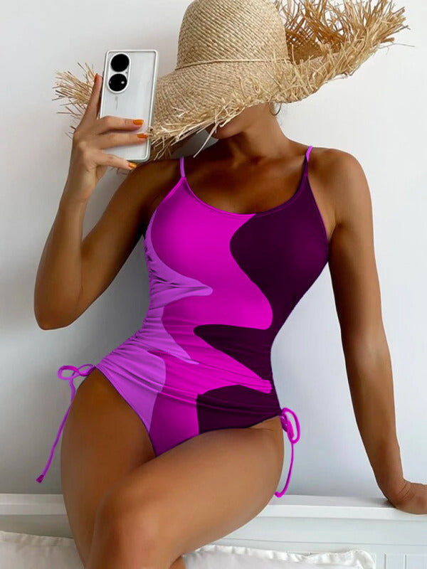 New One-Piece Swimsuit Multicolor Stitching Drawstring Corrugated Ladies Swimsuit - Stormyjay