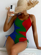 New One-Piece Swimsuit Multicolor Stitching Drawstring Corrugated Ladies Swimsuit - Stormyjay