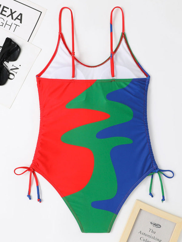 New One-Piece Swimsuit Multicolor Stitching Drawstring Corrugated Ladies Swimsuit - Stormyjay