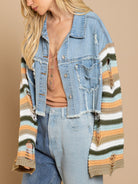 Women's casual fashion denim rainbow long-sleeved splicing jacket - Stormyjay