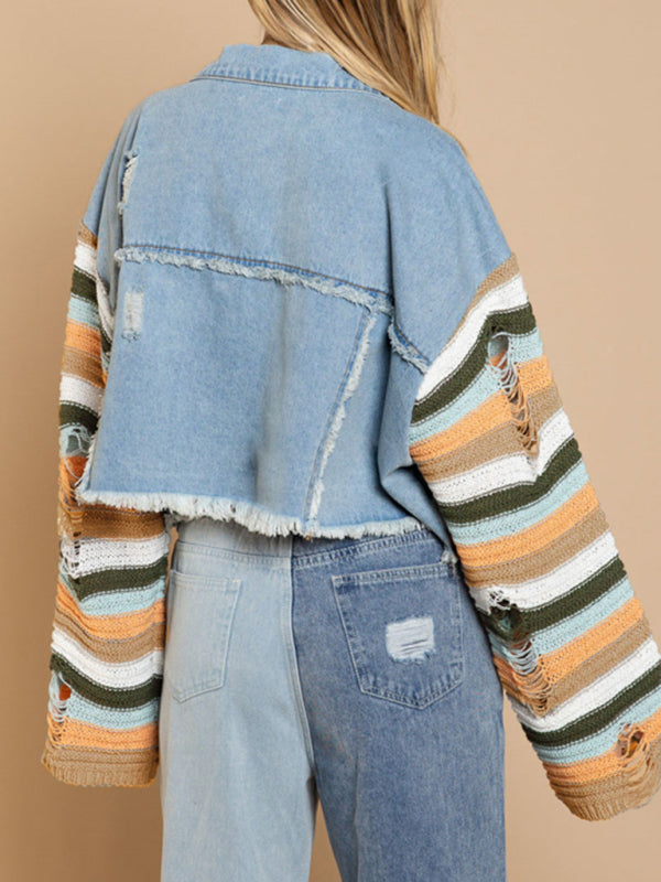 Women's casual fashion denim rainbow long-sleeved splicing jacket - Stormyjay