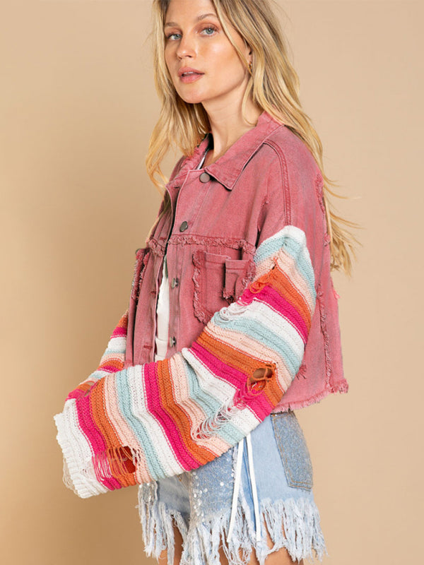 Women's casual fashion denim rainbow long-sleeved splicing jacket - Stormyjay