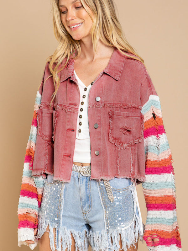 Women's casual fashion denim rainbow long-sleeved splicing jacket - Stormyjay