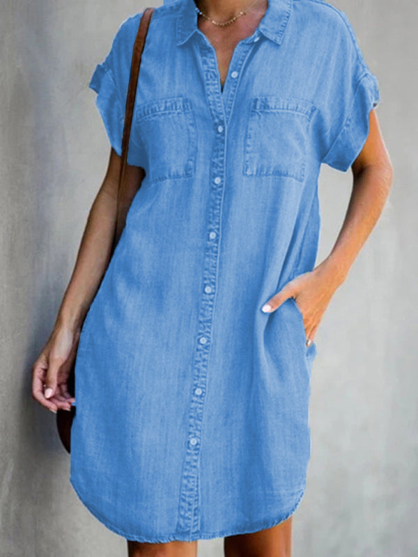 Casual Short-sleeve blue slim-fit denim midi dress - Stormyjay