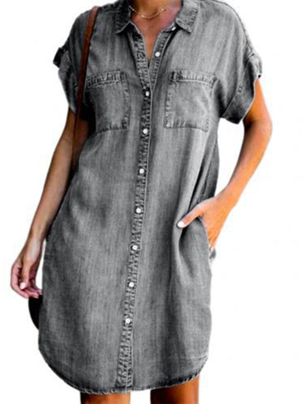 Casual Short-sleeve blue slim-fit denim midi dress - Stormyjay