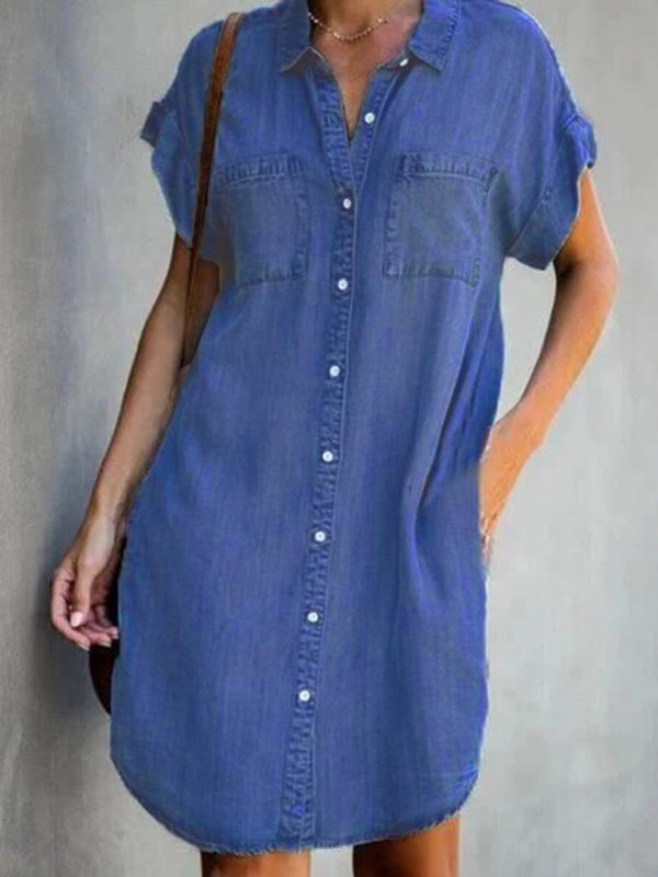 Casual Short-sleeve blue slim-fit denim midi dress - Stormyjay