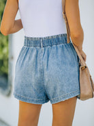 Women's Solid Color Elasticated Waist Pocket Straight Leg Washed Denim Shorts - Stormyjay