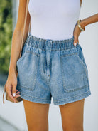 Women's Solid Color Elasticated Waist Pocket Straight Leg Washed Denim Shorts - Stormyjay