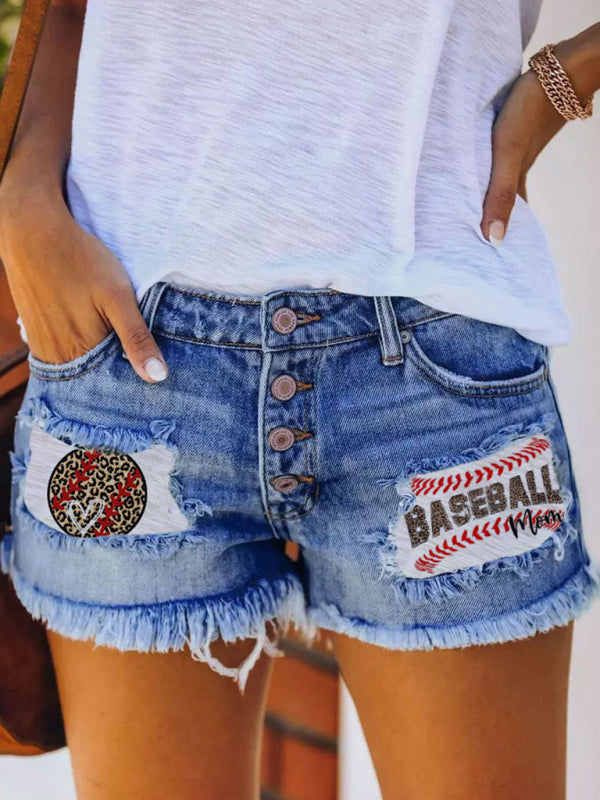 Button-breasted printed patch denim shorts with ripped fringed hot pants - Stormyjay