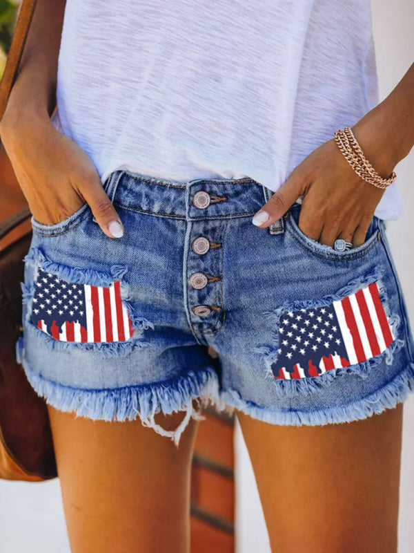 Button-breasted printed patch denim shorts with ripped fringed hot pants - Stormyjay