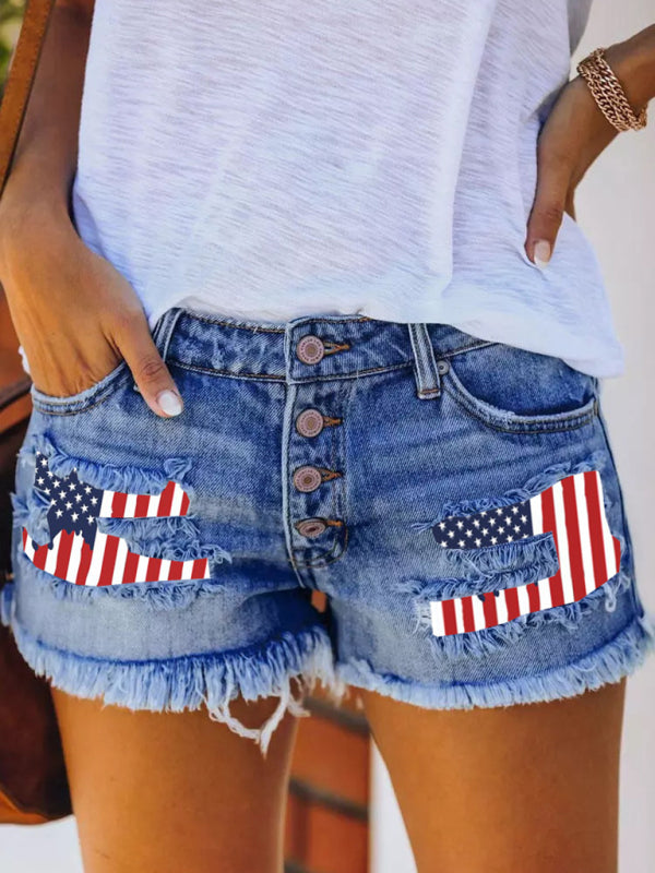 Button-breasted printed patch denim shorts with ripped fringed hot pants - Stormyjay