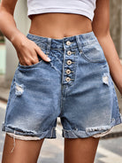 New one-row buttonhole ripped denim casual pants shorts - Stormyjay