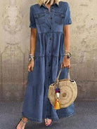 European and American denim style long multi-button distressed dress - Stormyjay