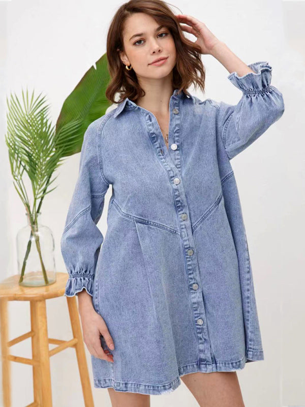 Women's Casual Loose Denim Balloon Sleeve Long Sleeve Dress - Stormyjay