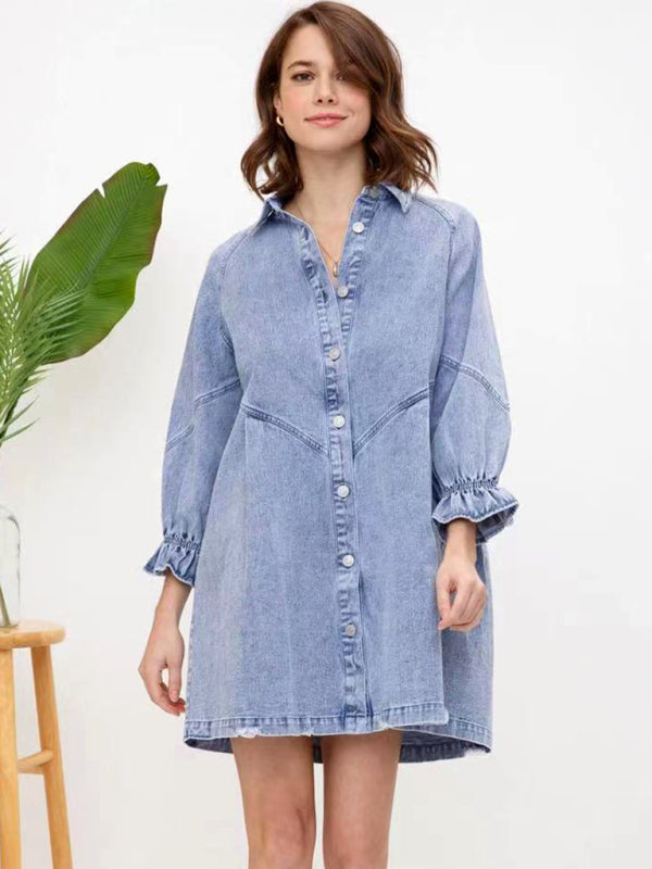 Women's Casual Loose Denim Balloon Sleeve Long Sleeve Dress - Stormyjay