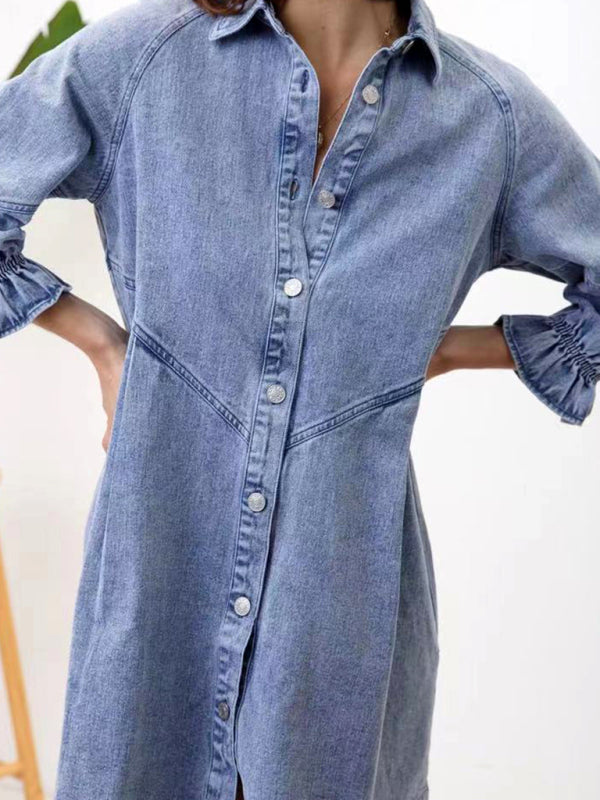 Women's Casual Loose Denim Balloon Sleeve Long Sleeve Dress - Stormyjay