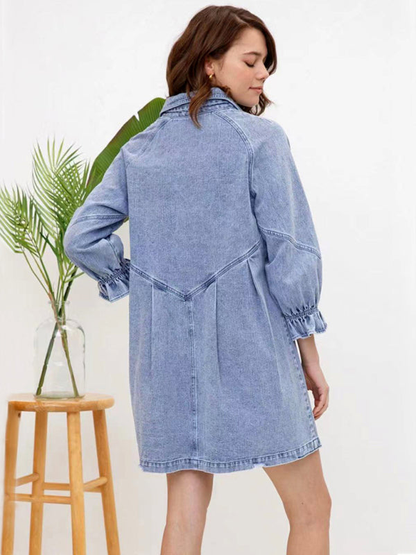 Women's Casual Loose Denim Balloon Sleeve Long Sleeve Dress - Stormyjay