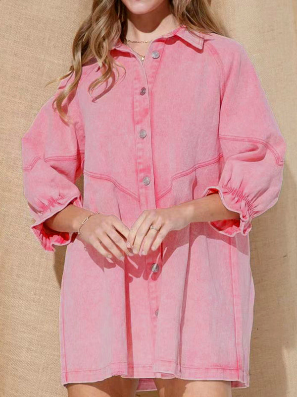 Women's Casual Loose Denim Balloon Sleeve Long Sleeve Dress - Stormyjay