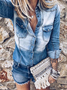 Women's casual distressed denim long-sleeved shirt - Stormyjay