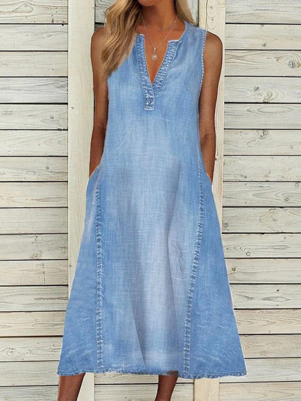 New solid color sleeveless V-neck loose casual denim dress - Stormyjay