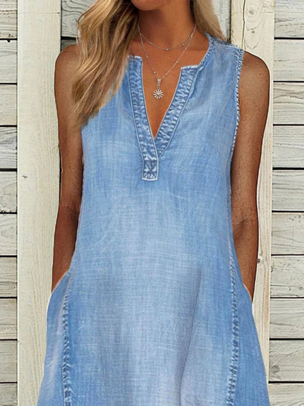 New solid color sleeveless V-neck loose casual denim dress - Stormyjay